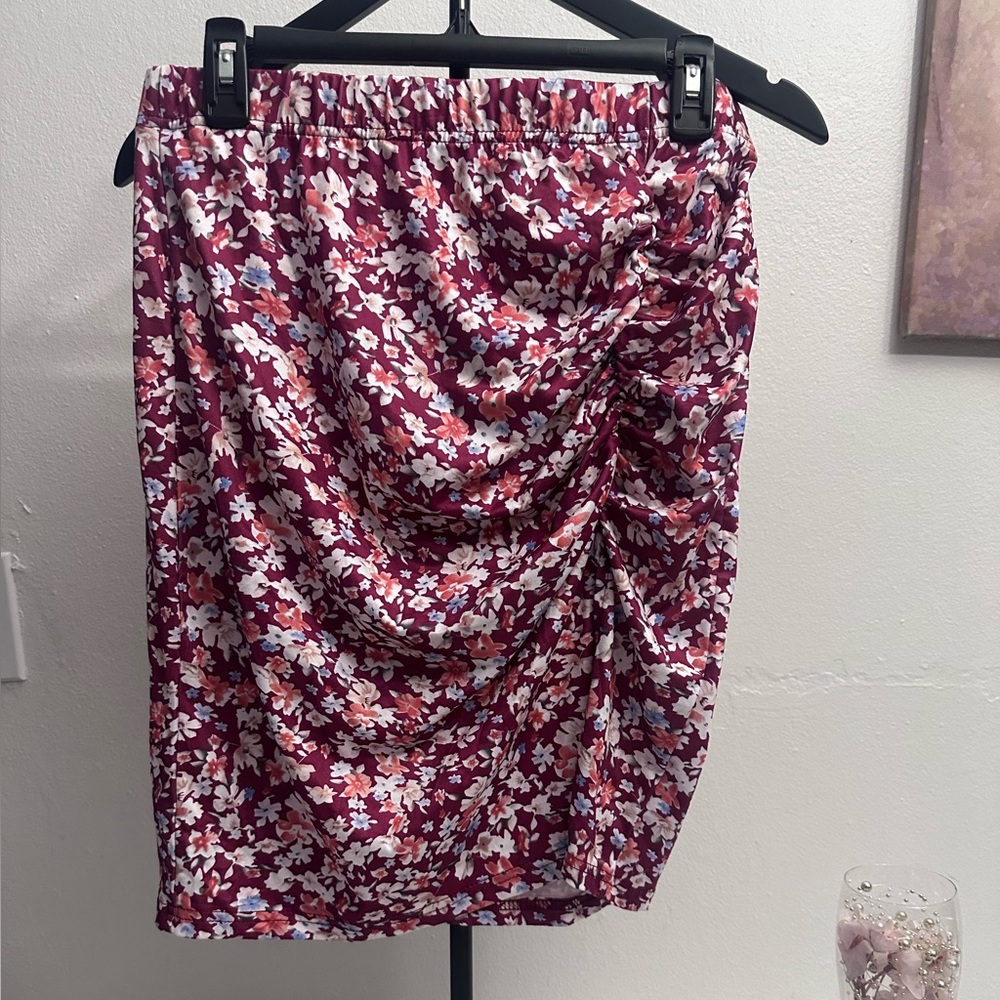 Floral Ruched Asymmetrical Skirt XL Feminine Draped Midi Elegant Cute